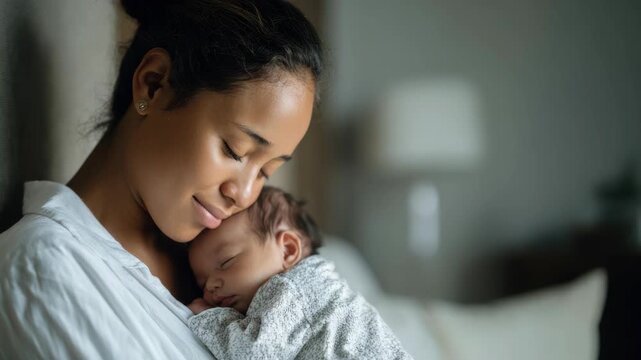 Young mother holding her sleeping newborn baby in a cozy home setting, gentle maternal love and peaceful bonding moment in a soft indoor light