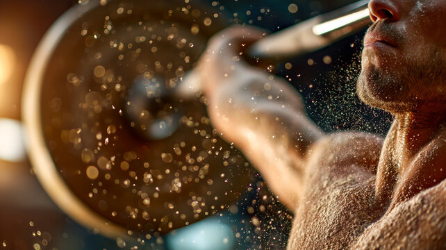 Sweaty man lifting heavy barbell, dust motes in golden light