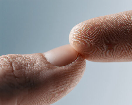 An extreme macro photograph captures one fingertip gently pressing against another near the nail, revealing intricate fingerprint lines.