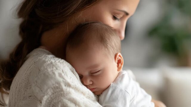 Loving mother holding her sleeping newborn baby in arms at home, showing tender care, emotional connection, and peaceful motherhood in soft light