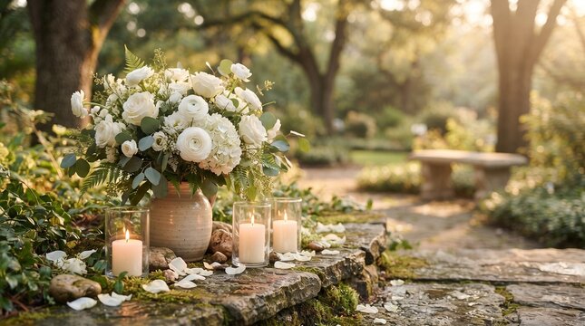 A beautifully arranged bouquet of white roses and hydrangeas sits in a vase on a moss-covered stone, surrounded by lit candles and scattered petals.