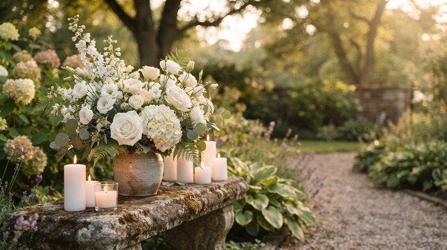 A beautiful floral arrangement adorned with elegant candles sits on an antique stone bench in a serene garden setting, bathed in the soft, golden light of dusk.