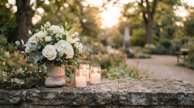 A beautiful floral arrangement featuring white roses and hydrangeas, accompanied by three flickering candles, rests on a weathered stone wall in a sun-drenched garden.