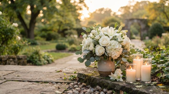 A breathtaking floral arrangement featuring white roses and hydrangeas rests beside a pathway in a serene garden, illuminated by the gentle glow of lit candles.