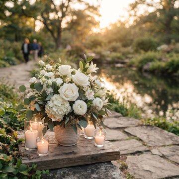 A beautiful floral arrangement with white roses and hydrangeas sits serenely on a stone path next to a tranquil body of water.