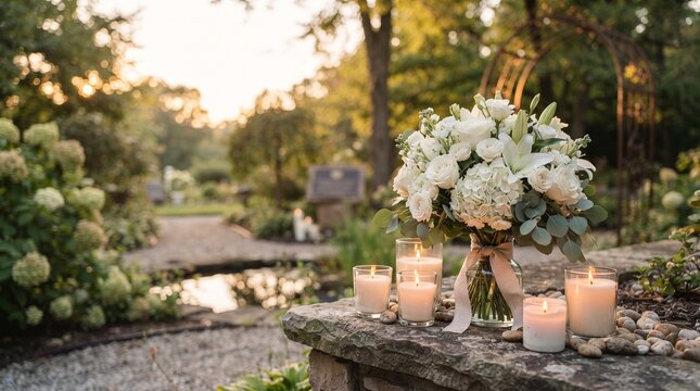 An elegant bridal bouquet of white lilies and hydrangeas rests beside flickering candles on a stone ledge, with a picturesque garden bathed in the soft, warm light of late afternoon.