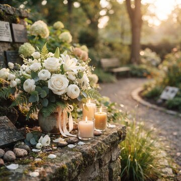 A serene floral arrangement, featuring delicate white roses and lilies, sits beside flickering candles on a stone ledge, evoking a sense of remembrance and peace amidst a sun-dappled garden path.
