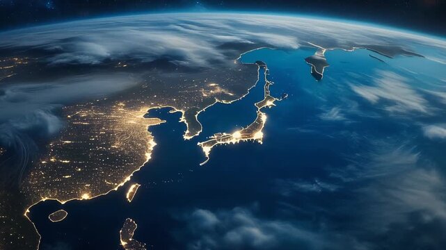宇宙から見た日本列島の海岸線を都市の灯りが縁取り群青の大気と雲が広がる壮麗な地球景観
