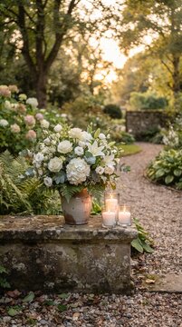 An elegant floral arrangement rests on a stone ledge beside three lit candles, set within a tranquil garden path bathed in the soft, warm light of dusk.