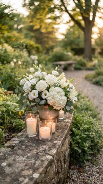 A stunning floral arrangement of white roses and hydrangeas sits beside glowing candles on a stone wall, nestled in a serene garden path bathed in the soft light of dusk.