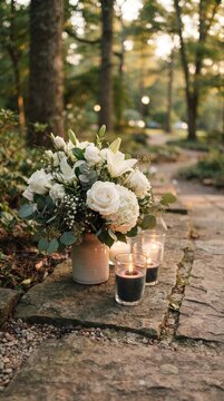 A romantic wedding bouquet of white roses and lilies, accented with eucalyptus, sits beside flickering candles on a stone pathway.