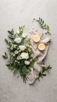 A serene still life features a delicate bouquet of white flowers and greenery artfully arranged with two warm, glowing candles on a textured surface, evoking a sense of tranquility and natural beauty.