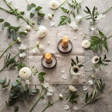 A tranquil flat lay arrangement of white flowers, green leaves, and two burning candles on a linen cloth evokes a sense of calm and natural beauty.