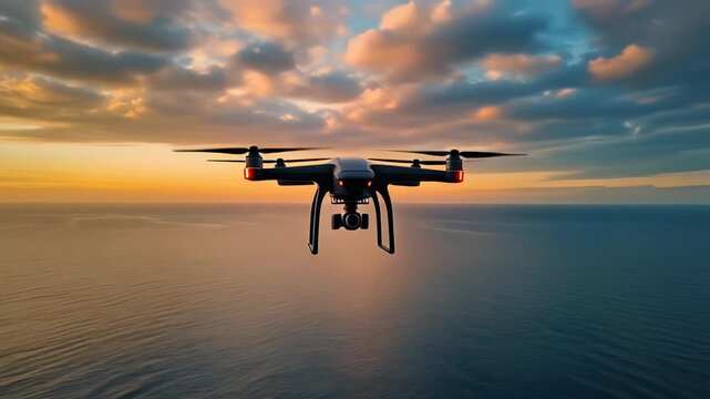 黒いドローンが夕焼けに染まる海岸上空を飛び穏やかな海面に夕日の光が広がる壮大な景観