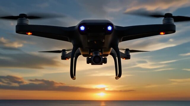 黒いドローンが夕焼け空から近づき前面カメラとLEDが輝き黄金色の夕日が海に反射する景観