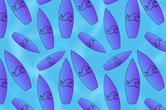 Surfboard pattern on a blurred ocean texture for water sports. Beach and tropical lifestyle concepts