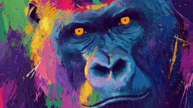 Abstract Gorilla Portrait with Vibrant Paint Splatter Effects and Glowing Eyes for Modern Artistic Interior Wall Decor and Creative Digital Design
