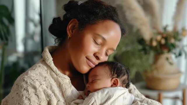 Loving African American Mother Holding Her Newborn Baby Sleeping Peacefully In A Cozy Home Setting With Soft Natural Light For Family Lifestyle
