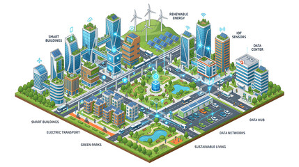 Fototapeta premium Premium isometric smart city illustration with modern buildings, electric vehicles, green parks, solar panels, digital networks and smart infrastructure, futuristic urban design, clean 3D vector style