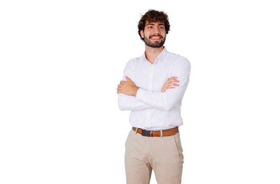 Young confident man smiling, crossing arms, showing professionalism and a positive attitude, isolated on transparent background