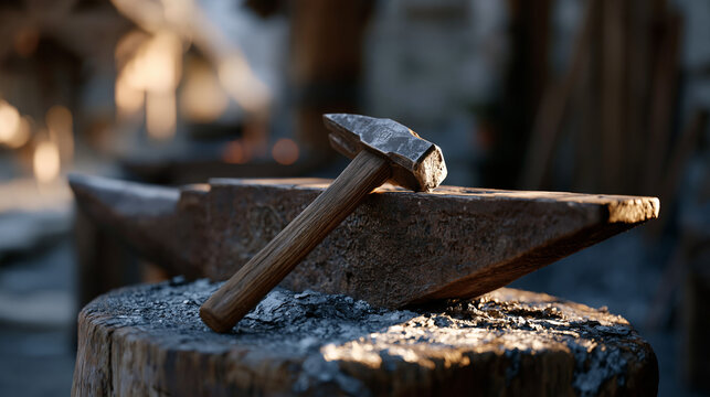 Metalworker's anvil and single quality hammer resting in an empty desolate forge at dusk, symbolic still life of decluttered intentional living, the essential tools of a