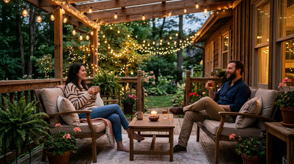 Obraz premium Couple Relaxing on Cozy Outdoor Deck with String Lights at Twilight