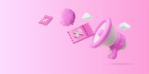 Naklejka na ściany i meble Sale, special offer marketing 3D vector design, pink megaphone screaming with discount coupon and inflatable balloon