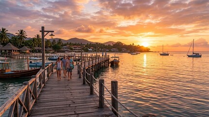 Fototapeta premium Couple Walking on Tropical Pier at Sunset, Island Beach Village Paradise Boat