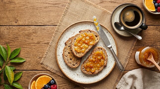 Breakfast Bread with Fruit Jam and Coffee on Wooden Table