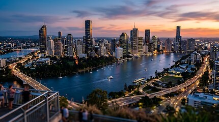 Fototapeta premium Brisbane Skyline at Dusk: Cityscape Panorama with River and Bridges