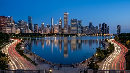 Naklejka premium Chicago Skyline at Dusk with Lake Michigan and Traffic Trails