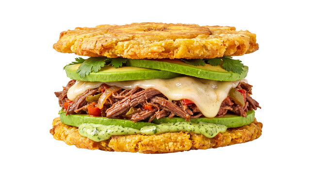 Tostone Sandwich with Shredded Beef, Cheese and Avocado, Transparent Background