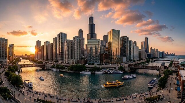 Chicago cityscape at sunset, river, boats, architecture, panoramic view, golden hour.