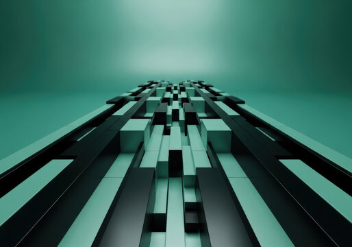 Abstract geometric perspective of teal and black rectangular blocks arranged in repeating patterns creating sense of depth and architectural form.