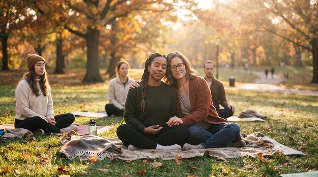  Grupo de pessoas meditando na grama do parque, destacando a atmosfera de tranquilidade e apoio m&uacute;tuo sob a luz dourada e suave da manh&atilde;.