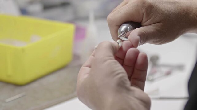 Dental technician hands meticulously adjusting an implant-retained bridge prosthesis using a micro motor drill tool in a professional dental lab environment. Close-up view.