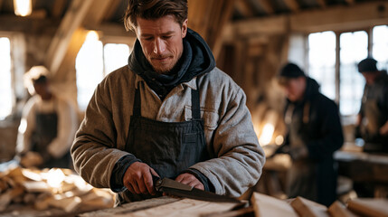 Obraz premium Hedgelayer working with a diverse team of apprentices in warm indoor workshop lighting, experienced craftsperson demonstrating quality tool investment and sharpening technique,