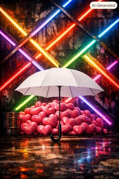 
White Umbrella Against Vibrant Neon Graffiti Wall with Colorful Light Tubes, Punk Grunge Revival 3D Render
