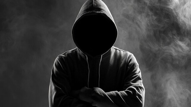 Anonymous hacker in a hoodie. Cyber criminal hiding face in dark smoke.