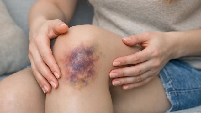 A person with a purple bruise on their knee.