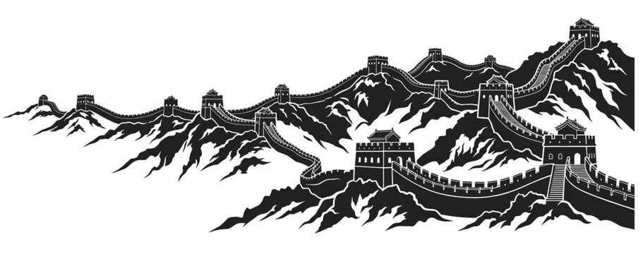 great wall china skyline vector panorama illustration featuring dark monochrome mountain ridge winding fortress watchtowers Asian landmark horizontal graphic print element