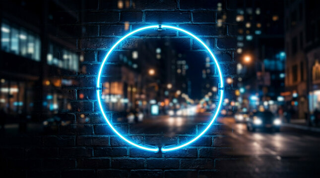 Bright Blue Neon Circle on Brick Wall with City Street Bokeh Background