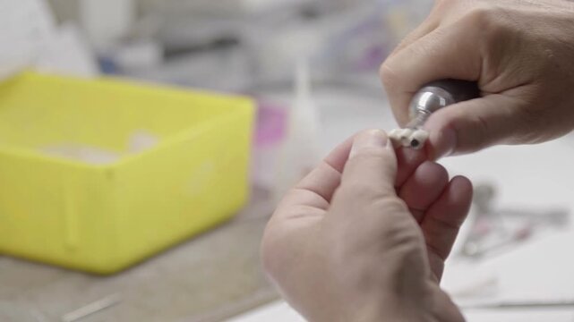 Dental lab specialist fine tuning zirconia implant bridge structure using rotary handpiece tool with extreme precision. Close up macro view.