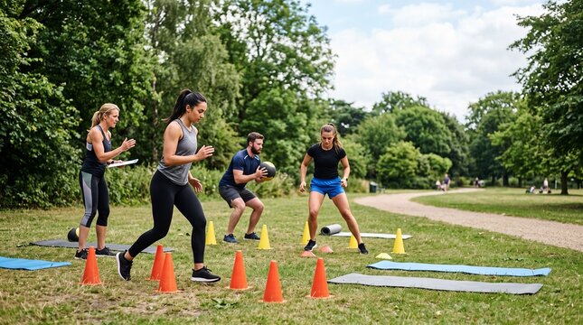 Diverse group of people engaged in an outdoor fitness class led by an instructor in a park setting