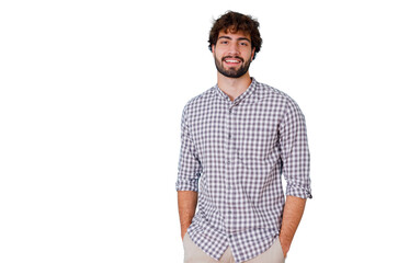 Obraz premium Smiling young man with beard and curly hair, wearing a checkered shirt and posing casually with hands in pockets. Transparent background