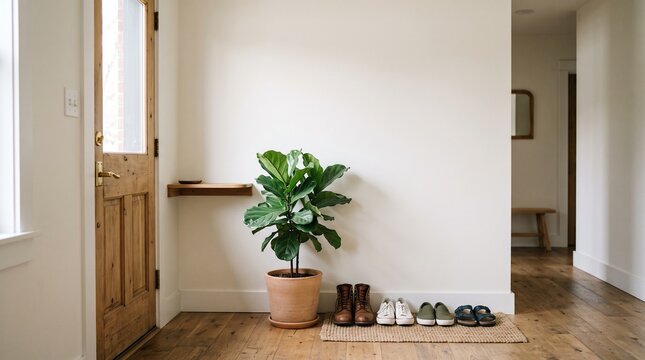 Cozy entryway with wooden door, fiddle leaf fig plant, and assorted footwear on a rustic wooden floor