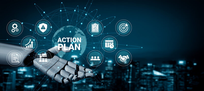 A futuristic robotic hand presents an action plan concept with infographic elements, showcasing connections in the business and technology landscape for innovation and success. Ledger