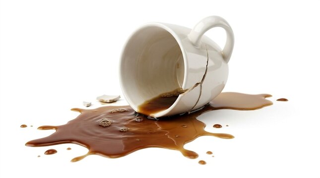 Broken Coffee Cup Spilling Dark Liquid on White Background