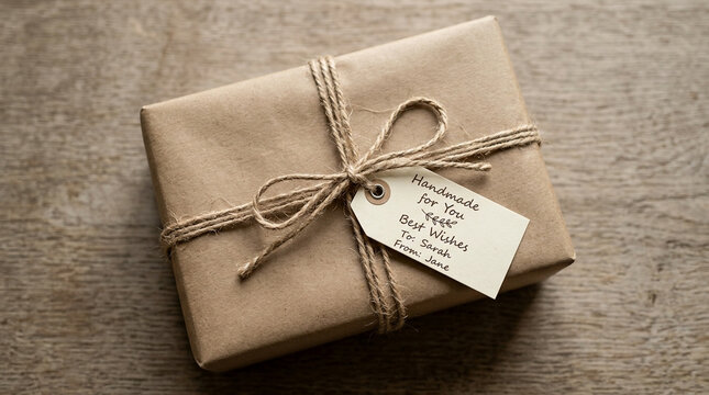 Brown Paper Wrapped Gift Box Tied with Twine and Handwritten Tag on Wood Background