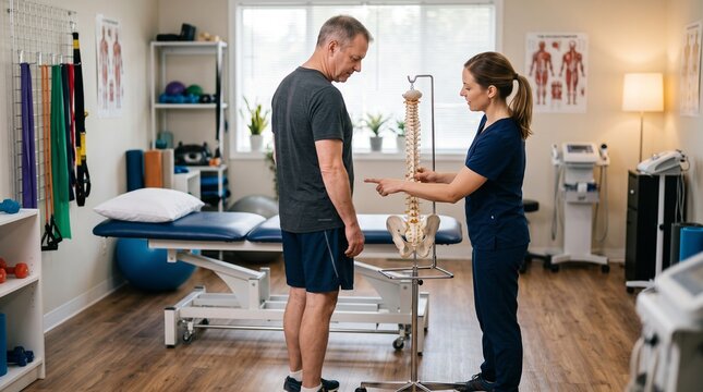 Physical therapist explains spine anatomy to patient using a model in a clinic setting with exercise equipment
